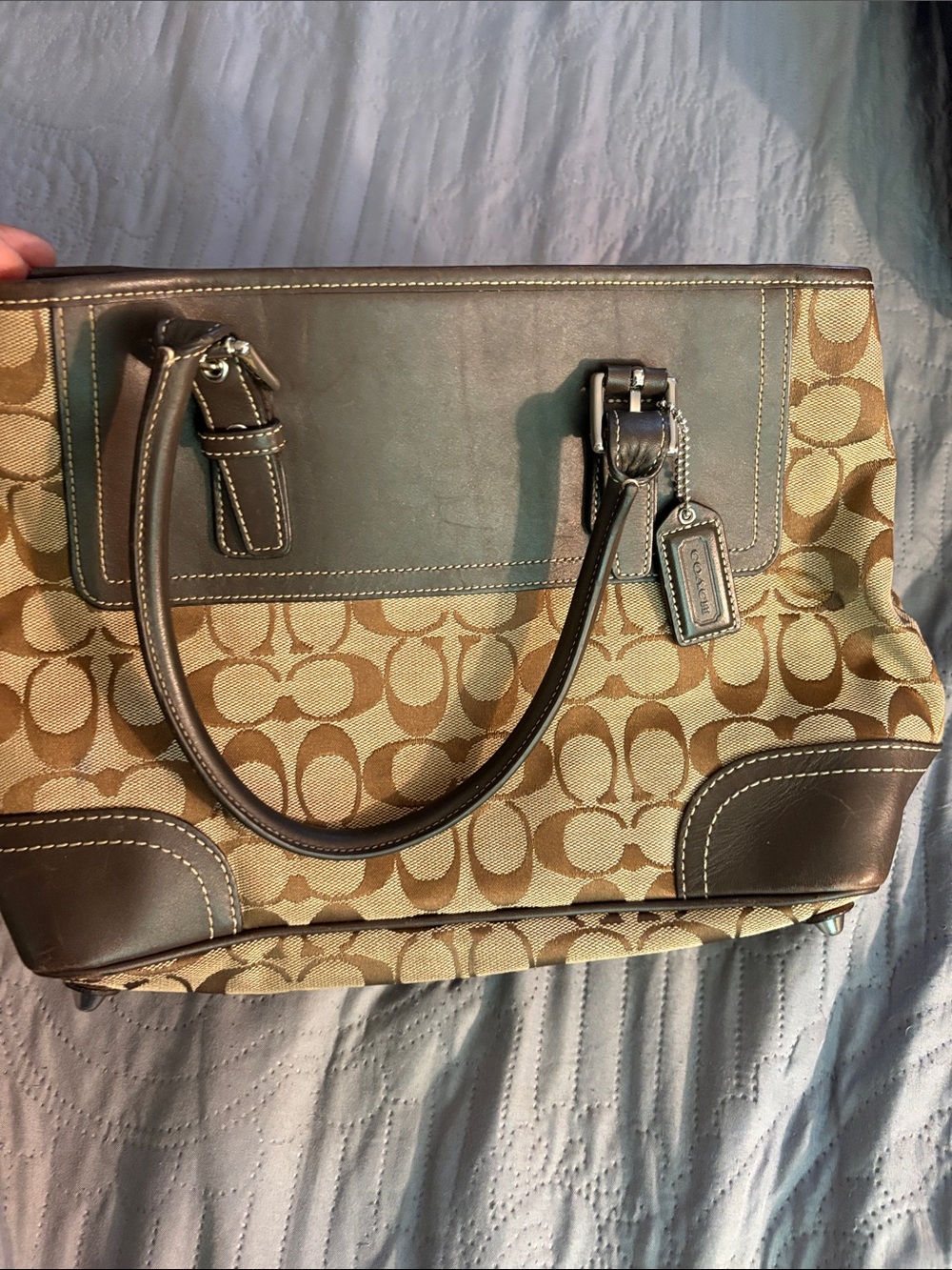 Coach Signature Canvas Shoulder Tote in Khaki and Brown
